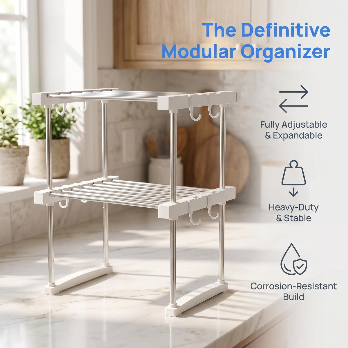 BLULEE Expandable Under Sink Organizer, No-Drill Adjustable Shelf