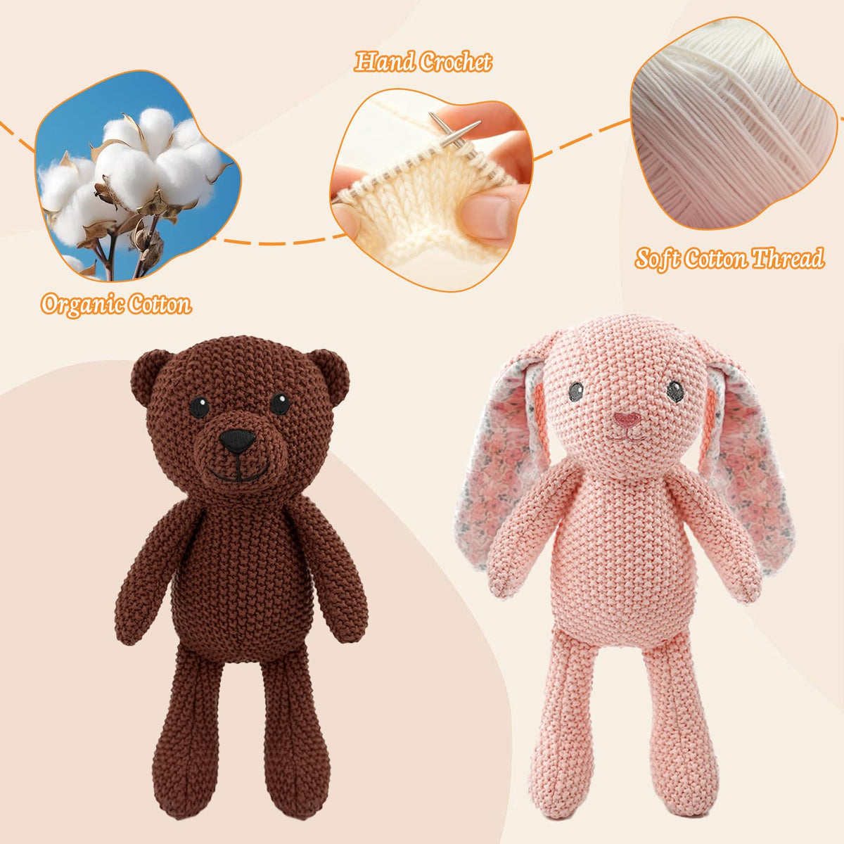 okegztoa Crochet Stuffed Animals for Kids 2-Pack - Rabbit & Bear, 10" Soft Cute Plush Toys, Hand-Knitting Cotton Thread Plush Animals, Ideal Birthday for Boys Girls Kids & Adults