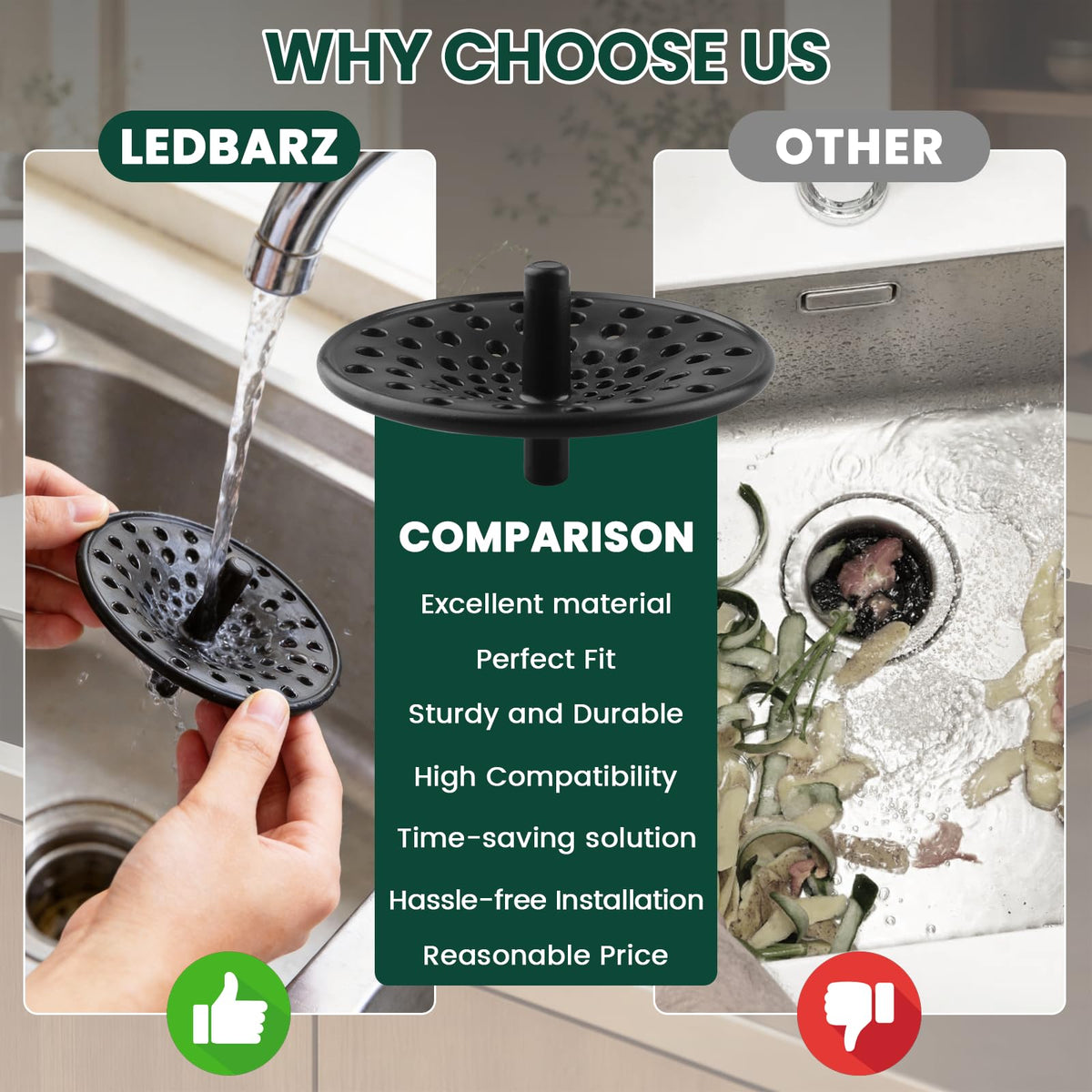 LEDBarz Kitchen Sink Garbage Disposal Strainer for Danco 10427 Kitchen Sink Drain Strainer, 3.25 Inch Black Concave Sink Drain Strainer, 1 Pack