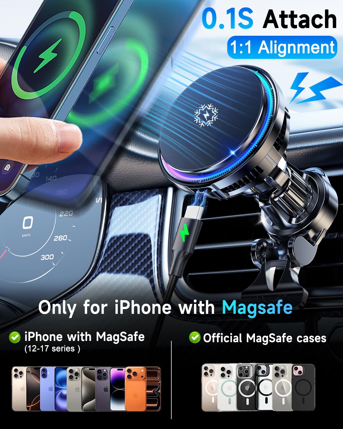 for MagSafe Car Mount Charger TEC Fan Cooling Magnetic Wireless Car Charger