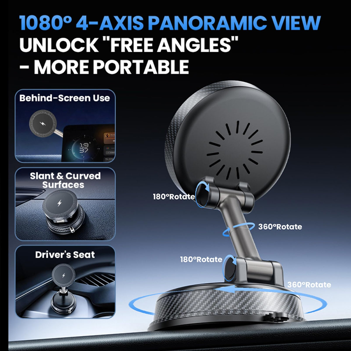 15W Wireless Charging Car Phone Holder, Vacuum Magnetic Mount with Suction
