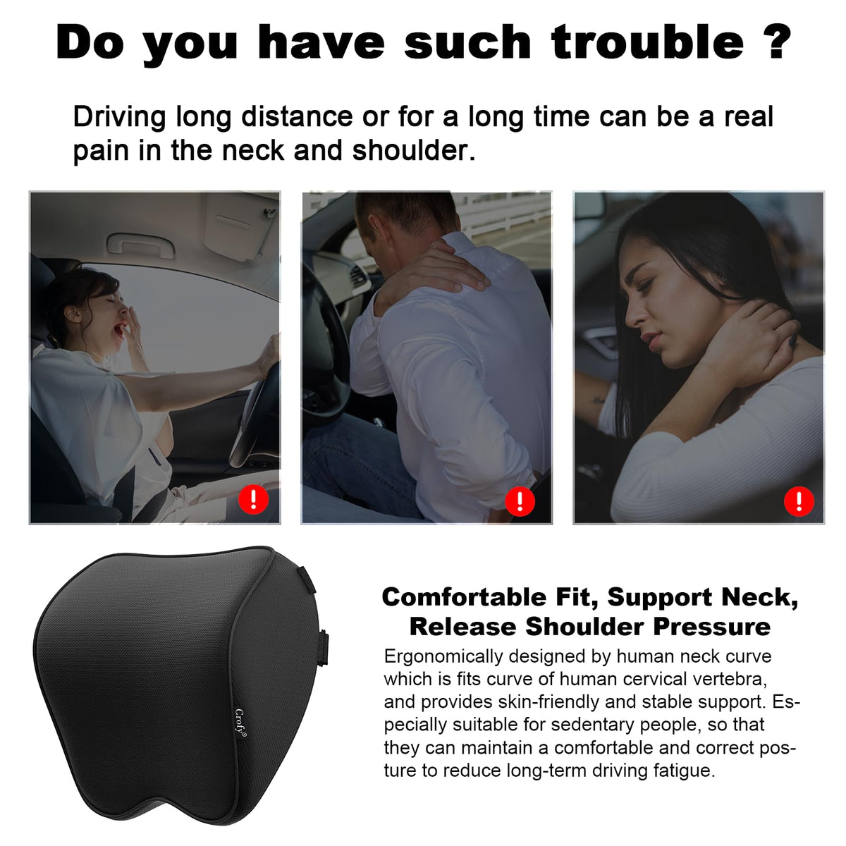 Crofy 2-Pack Car Neck Pillow, Headrest Pillow with Adjustable Strap, Black