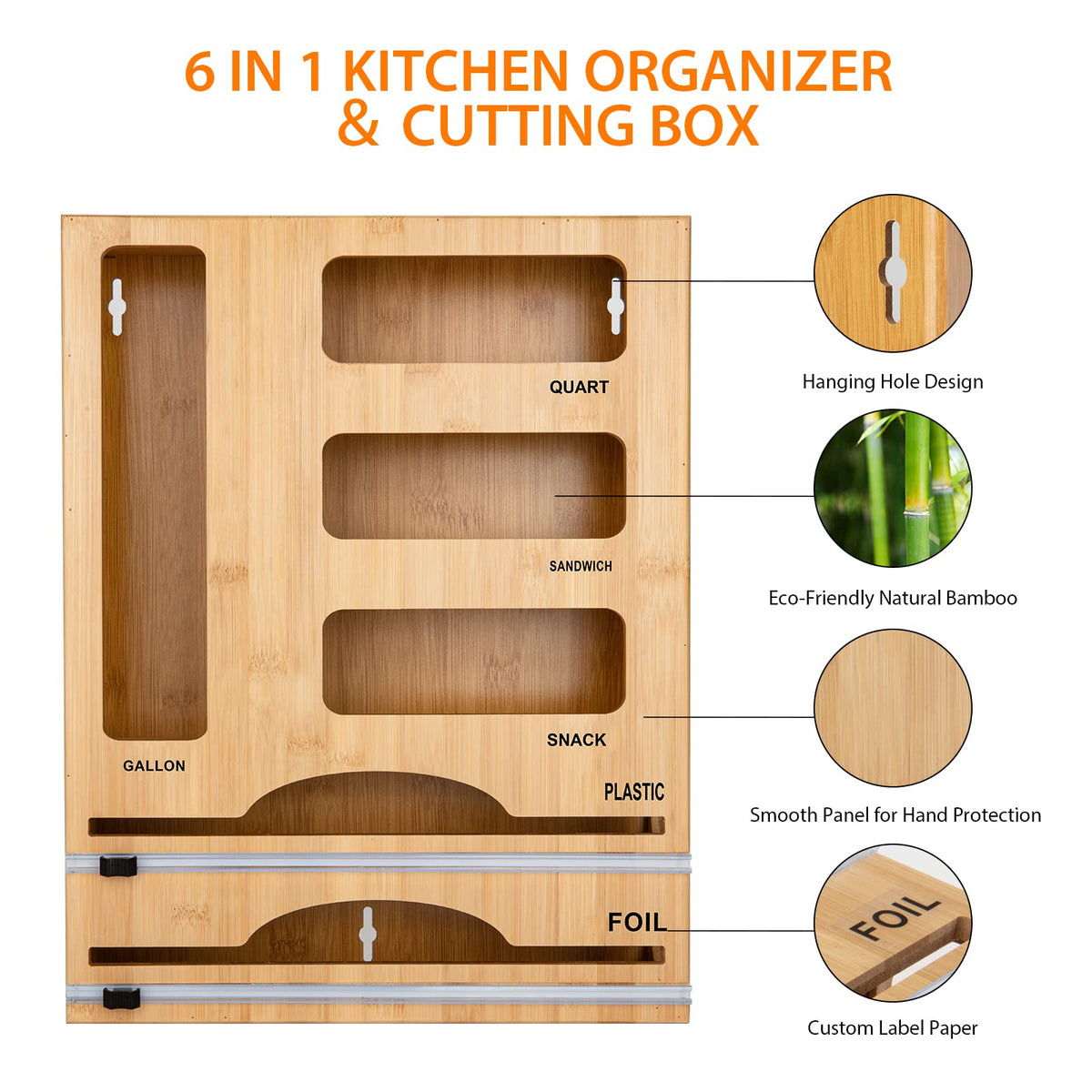 Storage Bag Organizer with Foil and Plastic Wrap Organizer , Aluminum Foil Dispenser with Cutter, Bamboo 6 in 1 Baggie Organizer Suitable for Gallon, Quart, Sandwich, Snack
