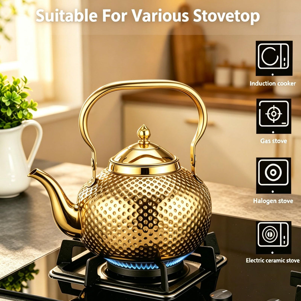 2L/67.6oz Gold Tea Kettle, Hammered Stovetop Teapot with Removable Fine Mesh Infuser, Stainless Steel Rust-proof Vintage Water Boiler for Induction/Gas, Home Office Camping Gift