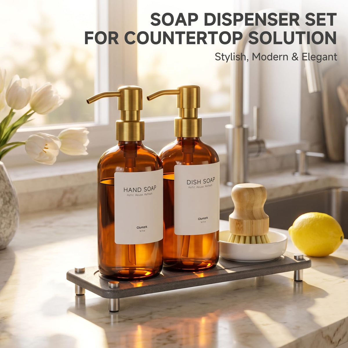 Kitchen Soap Dispenser Set, 2 Pack 16oz Amber Glass Dish Soap and Hand Soap Dispenser with Gold Stainless Steel Pumps, Quick Dry Tray, Dish Brush & Holder, Refillable Soap Dispenser for Kitchen Sink