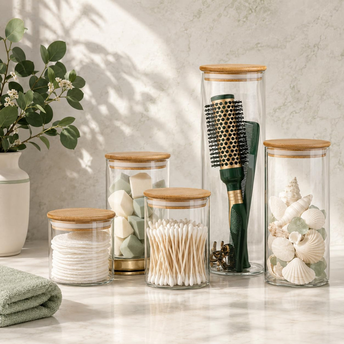 Set of 5 Glass Kitchen Canisters with Airtight Bamboo Lid - Glass Storage Jars for Pantry Organization and Bathroom for Flour, Coffee, Cookie Jar, Candy, Snack, Pasta, Rice, Sugar Packet Holder