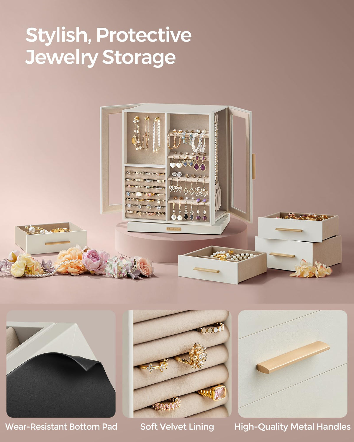 SONGMICS Jewelry Box Organizer, 360° Rotating, 5 Drawers, Cloud White