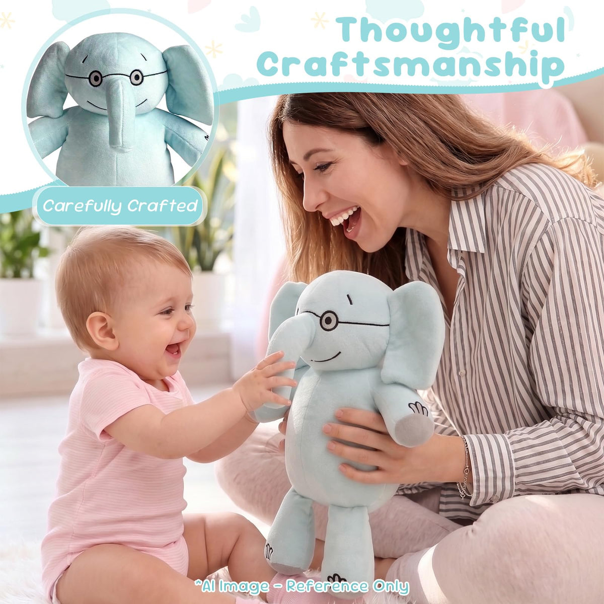 NUWDYSNN Blue Elephant and Pink Little Pig Plush Toy Reading Companions, Filled Animal Plush Toys Suitable as Children's and Home Decorations (Blue Elephant, 13inches)
