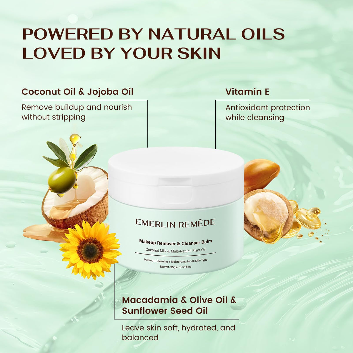 Emerlin Remède Makeup Remover & Cleanser Balm with Coconut Milk & Multi Natrual Plant Oil for Melting, Cleaning And Moisturizing For All Skin Type