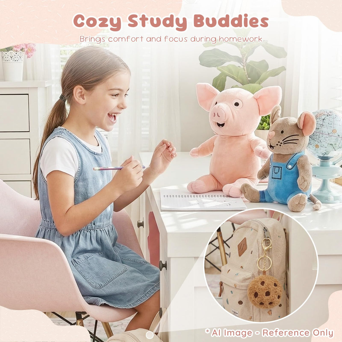 Pig & Mouse Plush Set with Cookie Keychain, Reading Buddy Gift for Kids
