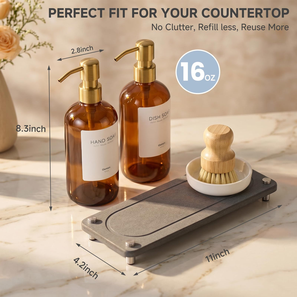Kitchen Soap Dispenser Set, 2 Pack 16oz Amber Glass Dish Soap and Hand Soap Dispenser with Gold Stainless Steel Pumps, Quick Dry Tray, Dish Brush & Holder, Refillable Soap Dispenser for Kitchen Sink