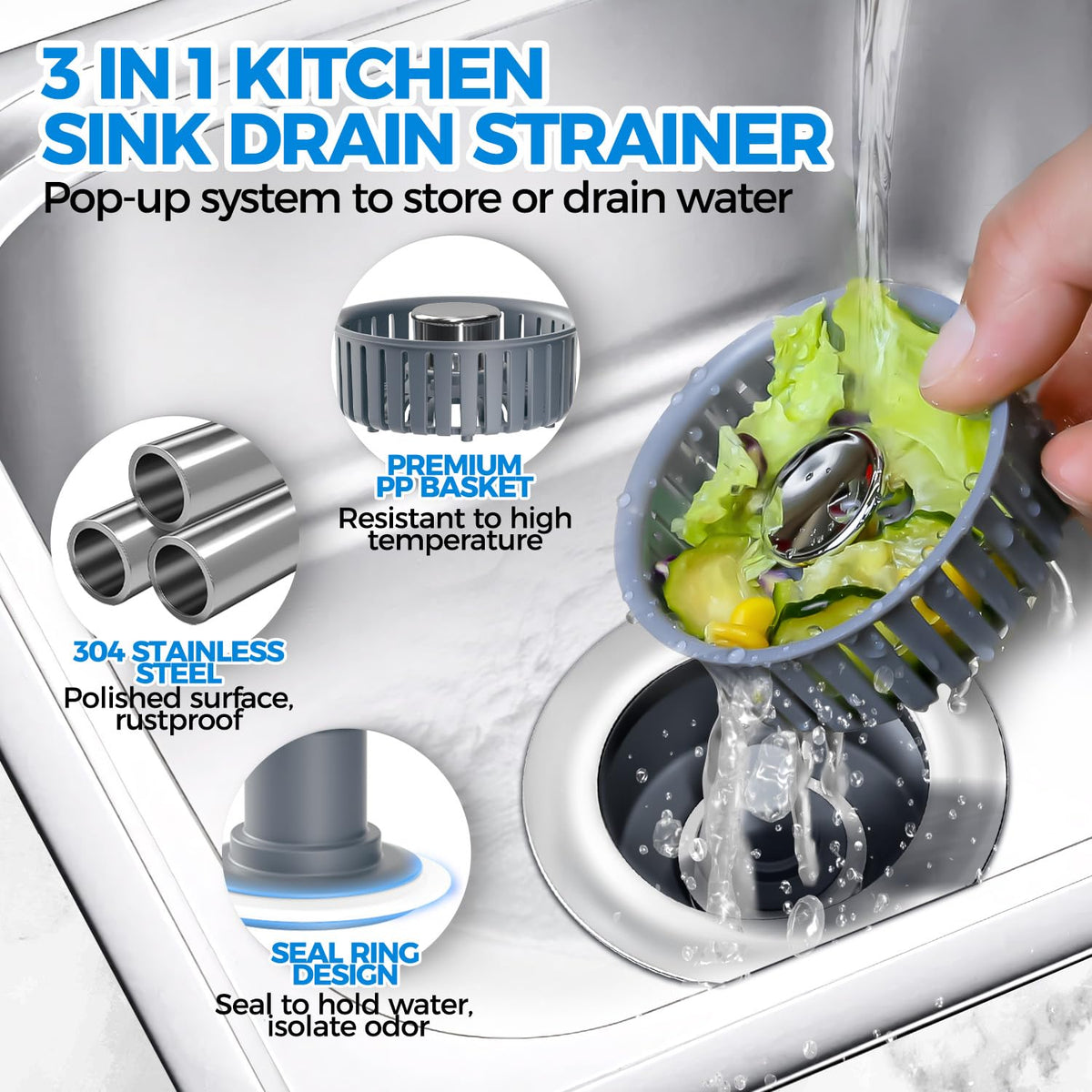 zaa 3 in 1 Kitchen Sink Stopper Strainer Basket Pop-Up Removable 2 Pack