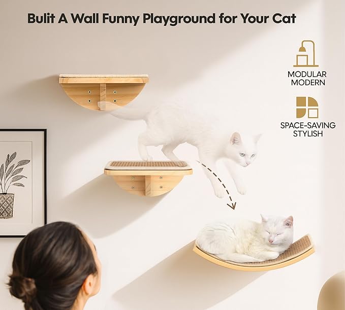 Curved Cat Wall Hammock with Scratchable Sisal Pad, Large Floating Cat Shelf for Wall, Wall Mounted Beige Bed for Playing, Climbing, and Sleeping