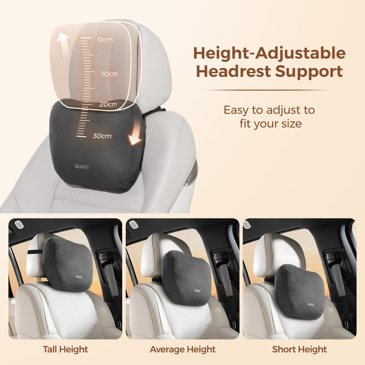 BEBAS Car Headrest Pillow with Adjustable Strap for Neck Support, Black