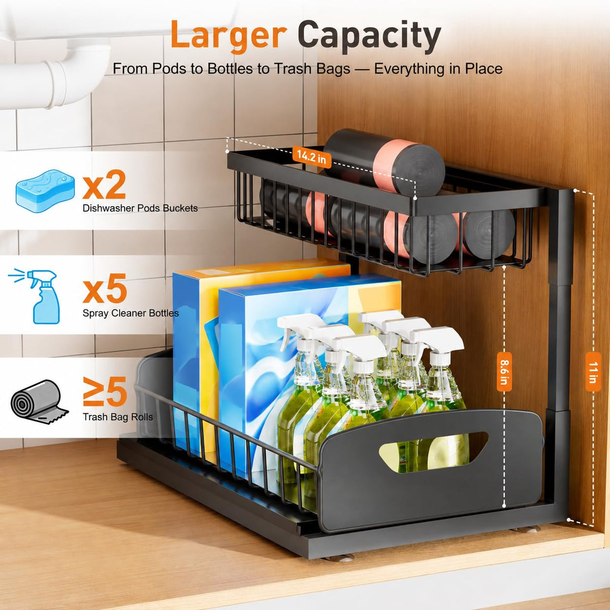 Under Kitchen Sink Organizer, Metal Pull Out Bathroom Organizers and Storage, 2-Tier Cabinet Organizer Shelf with Sliding Drawer, Home Organization for Kitchen, Laundry, Pantry, Black, 2 Pack