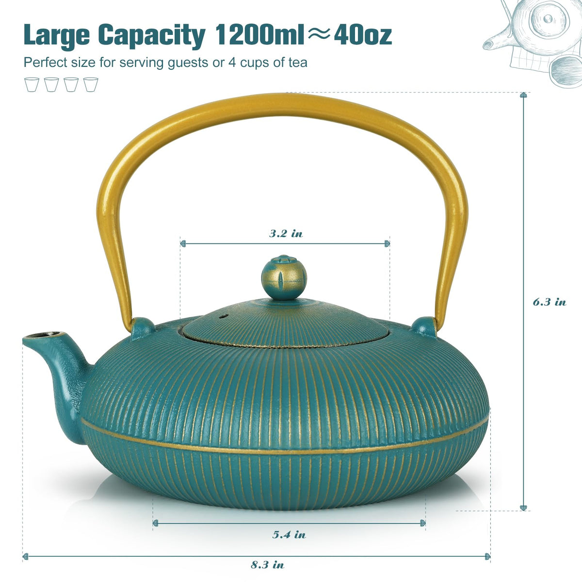 Jotsport Green Cast Iron Teapot 40oz/1200ml with Infuser for Loose Leaf