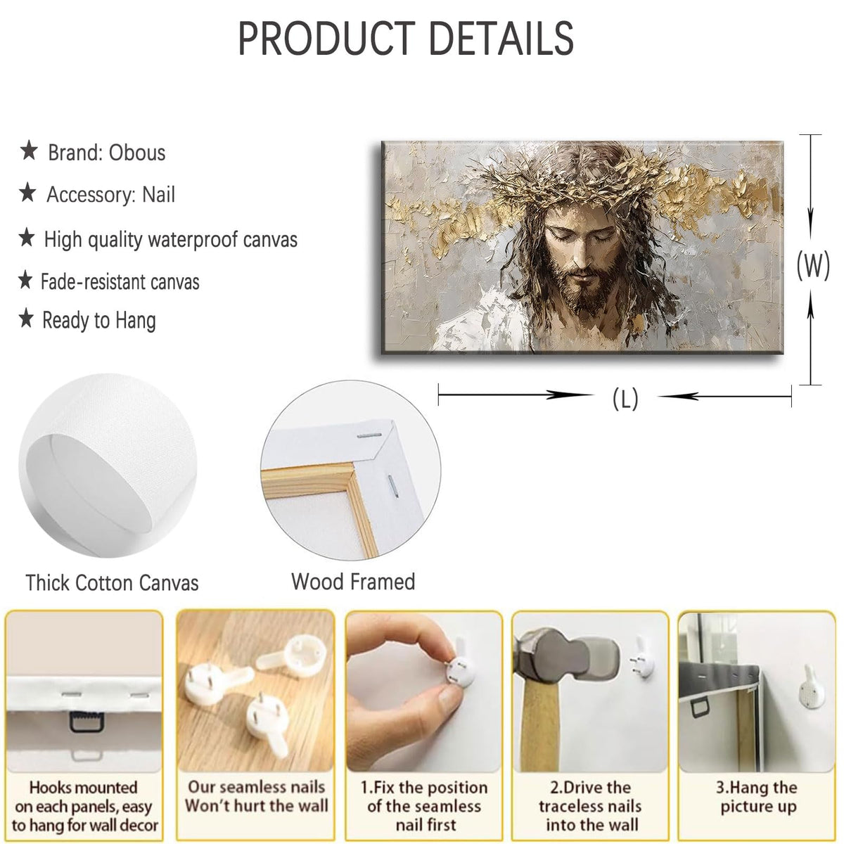 Large Jesus Portrait Canvas Wall Art Abstract Gold Thorns Jesus Painting Decor Pictures Beige Gray Christian God Posters Prints for Dining Living Prayer Room Kitchen Church Wall Bedroom Decoration