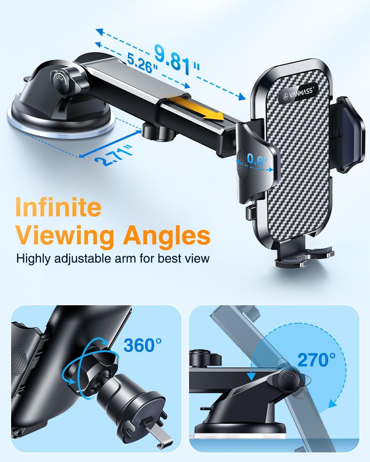 VANMASS Car Phone Holder 2026 Ultimate Military-Grade Strongest Suction & Clip Windshield Dashboard【Newest Best Strongest】 Cell Phone Automotive Dash Gauge Accents for iPhone 18 Pro Max 17 16 15 14