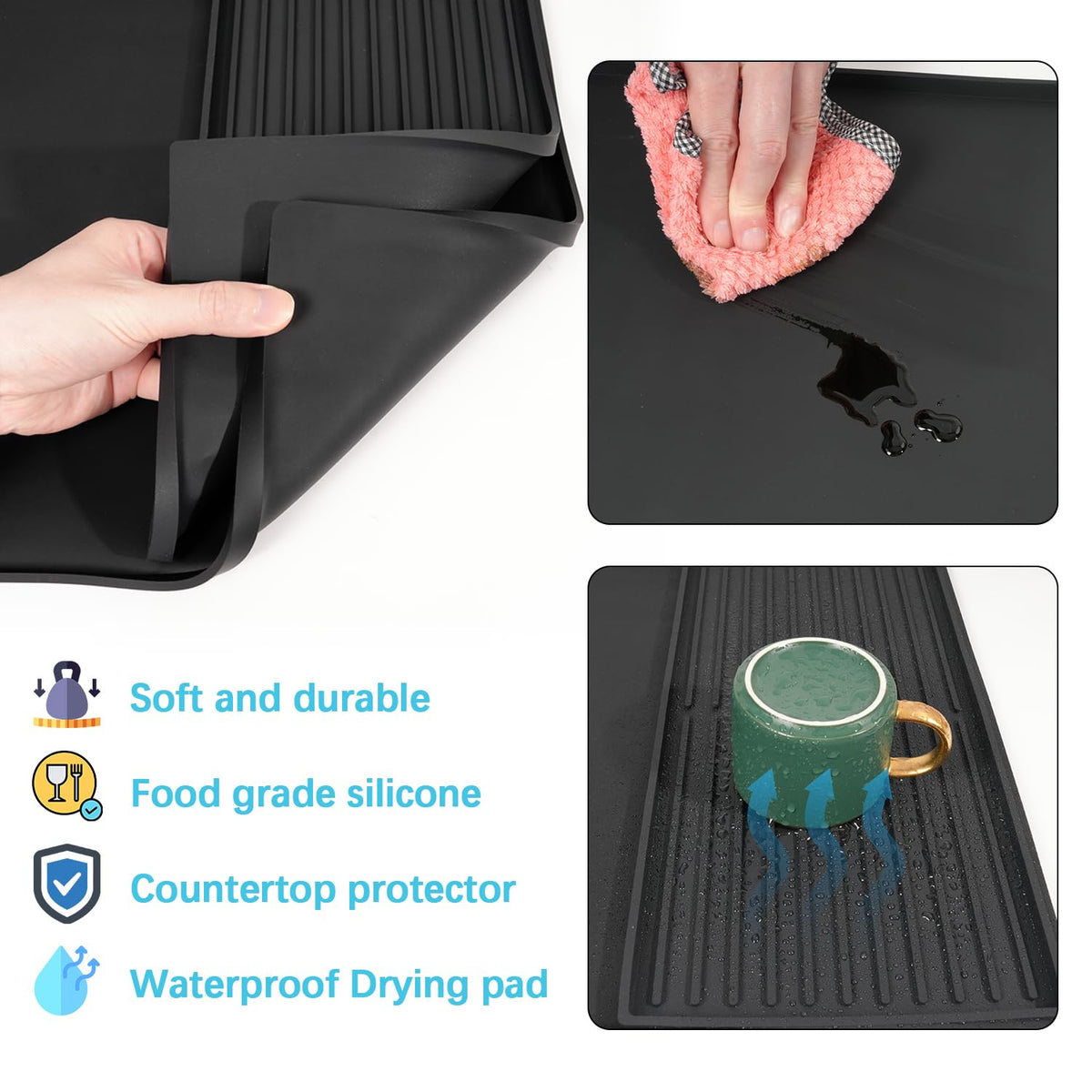 Golener Silicone Coffee Mat Set - 24" x 16" Coffee Bar Mat for Countertop, Kitchen Station Pad Accessories Fit Under Coffee Maker or Machine, Dish Drying Mat, Heat Resistant Kitchen Gadget, Black