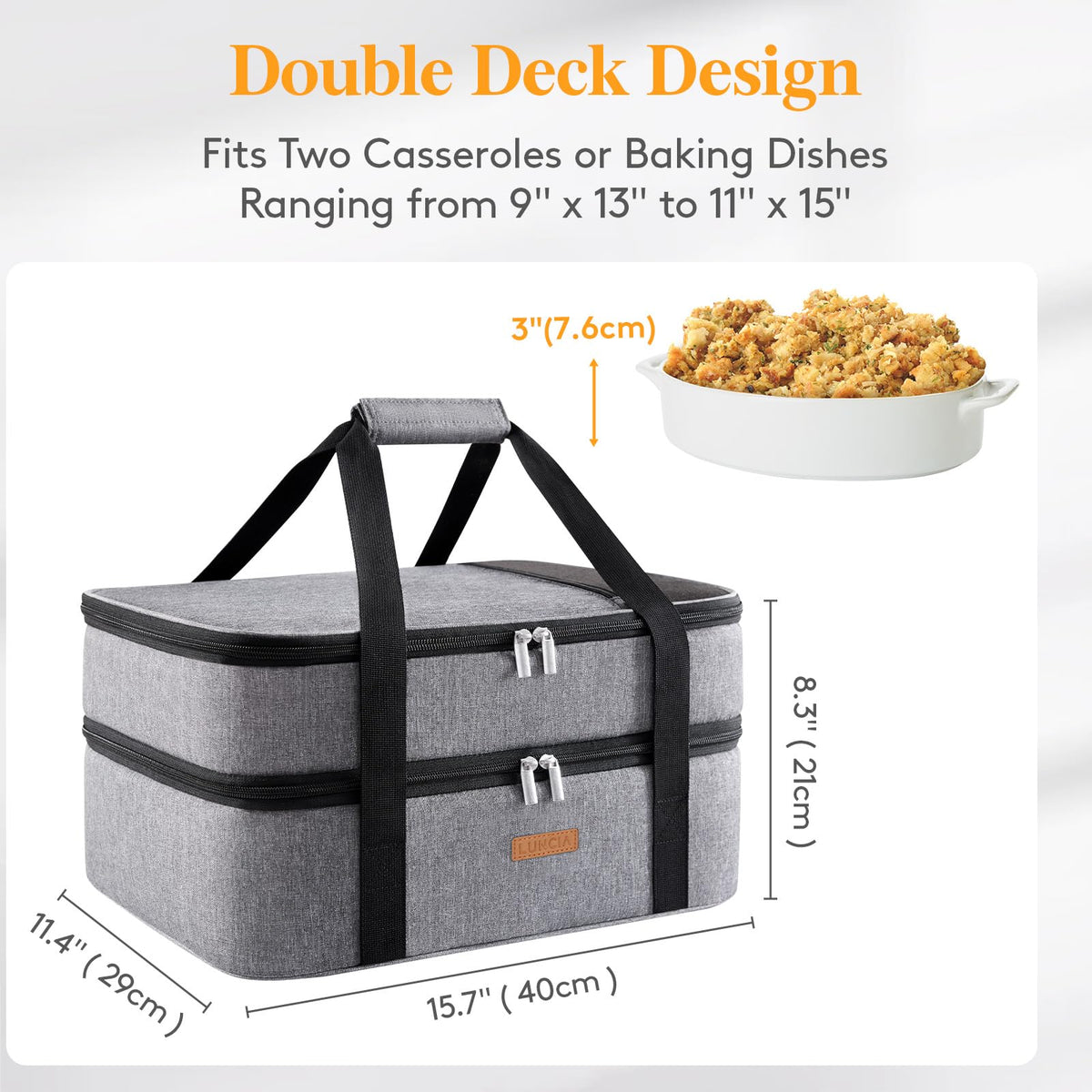 LUNCIA Insulated Double Decker Casserole Carrier, Lasagna Lugger Tote