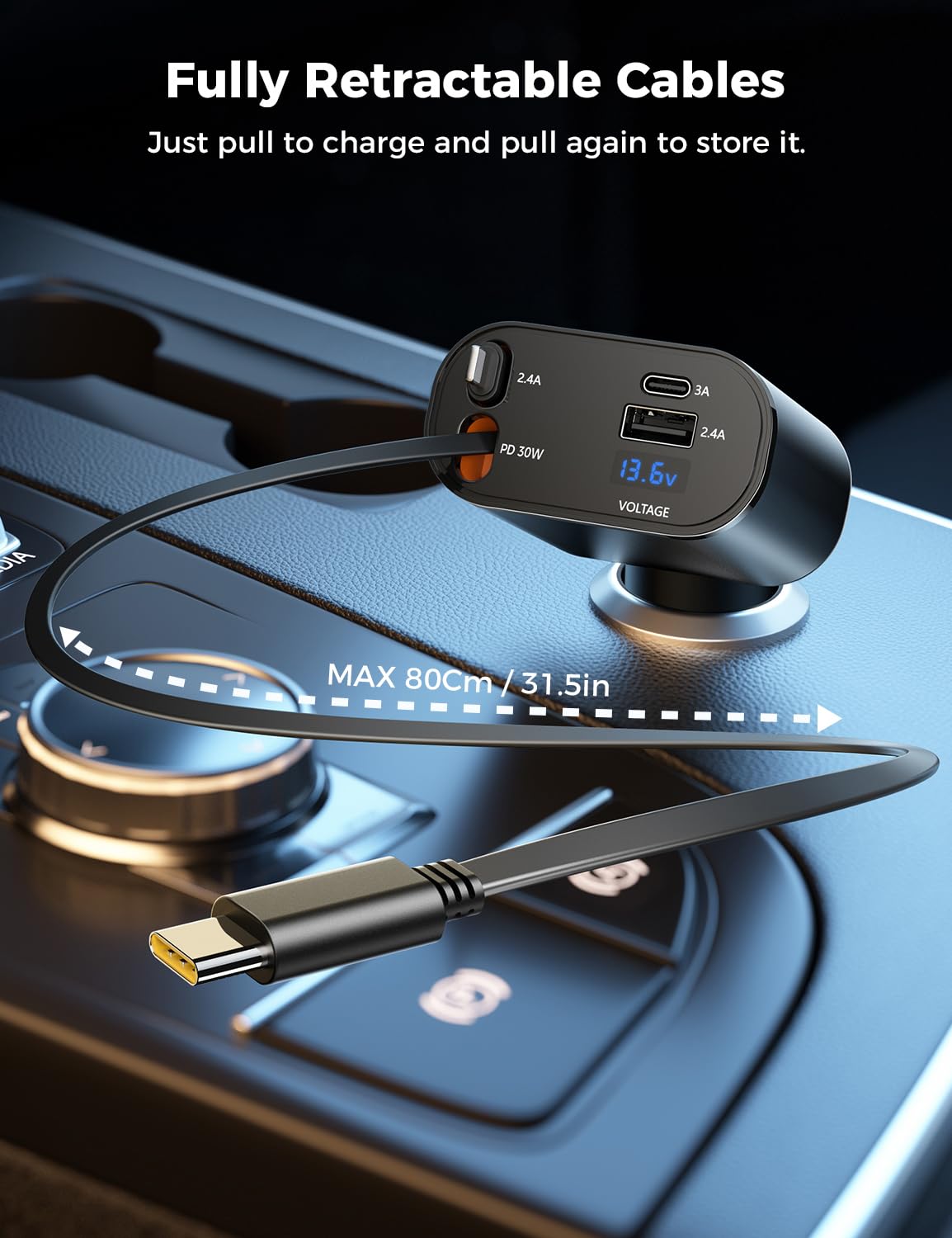[Upgraded] SUPERONE Retractable Car Charger 4 in 1 Fast Phone Charger