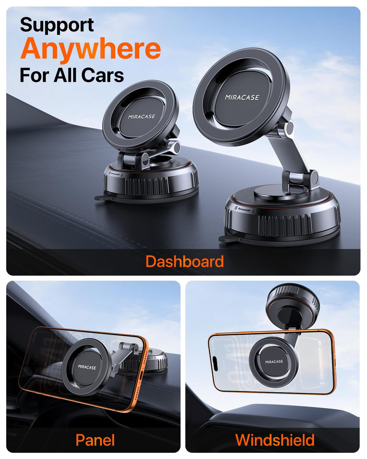 Miracase for MagSafe Car Mount[3800gf Strong Magnet & 90+LBS Suction Base]Magnetic Phone Holders for Your Car, 360° Adjustable Dashboard &Windshield Mount with Adhesive Suction Cup for All Smartphones