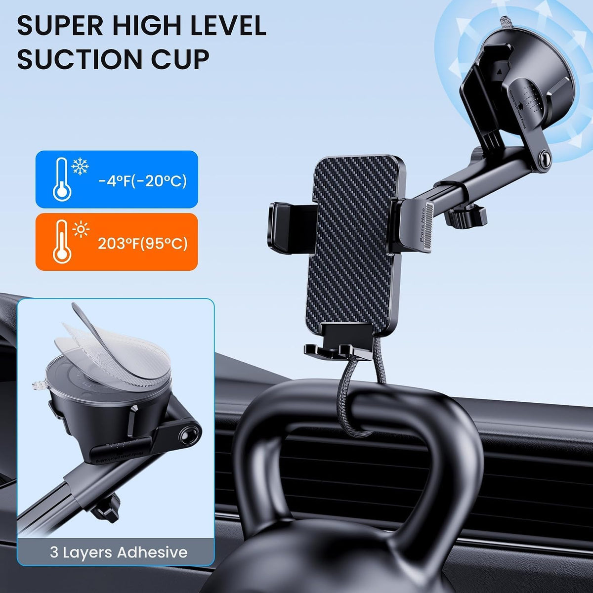 GUWEZ Phone Holders for Your Car [Military Grade Suction Ultra Strong Base] Cell Phone Car Holder 3 in 1 Dashboard Accents/Windshield/Air Vent Hands-Free for Video Installation Kit iPhone Android