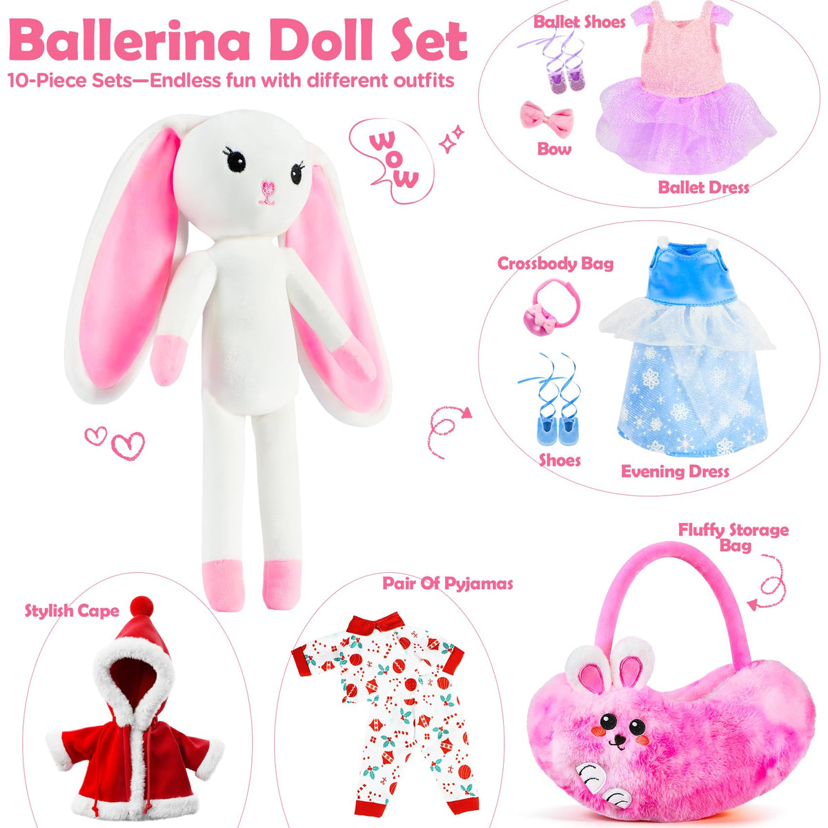 Ballerina Bunny Doll, Ballet Stuffed Animal Dress Up Toys for Girls 3-8