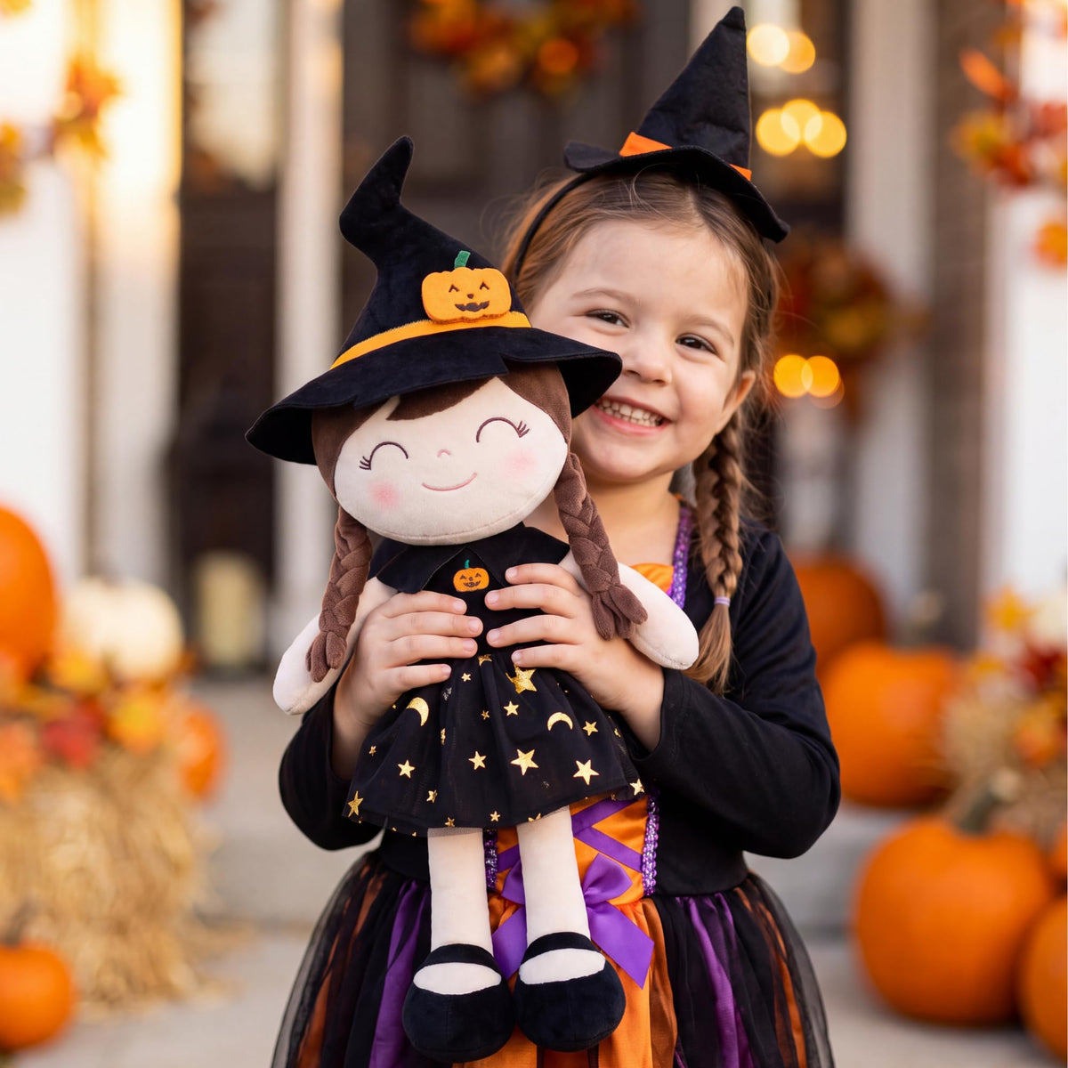Gloveleya Halloween Soft Plush Toy, Baby Girl Gifts, Witch Doll, Black Dress, 16 Inch