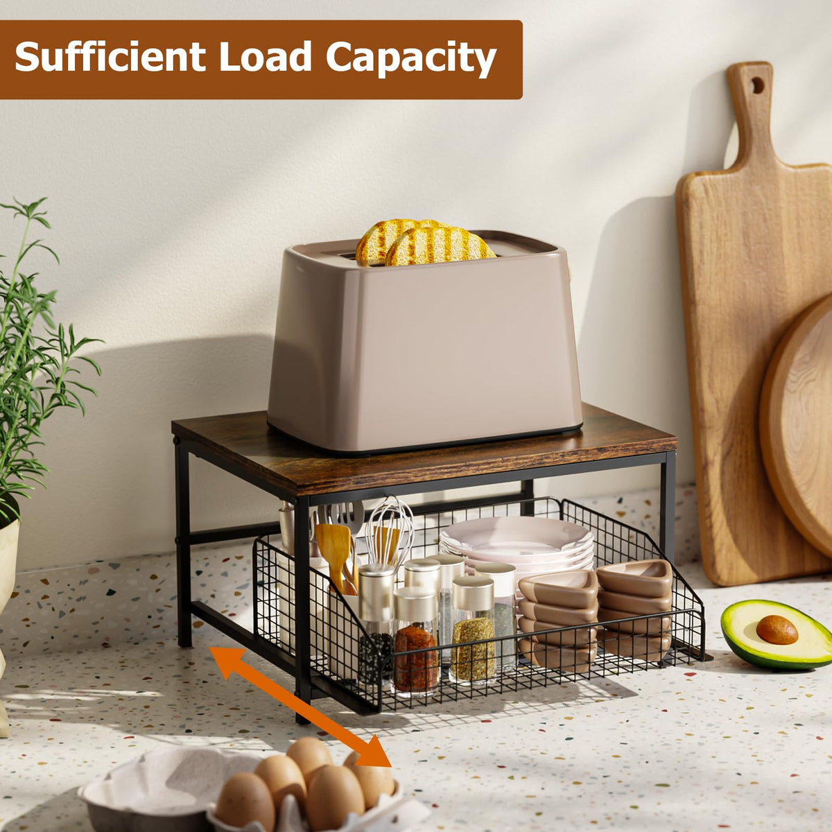KLM Pull Out Spice Rack Organizer for Cabinet,Rustic Wood Top with Wire Basket Storage,Kitchen Countertop Organizer and Storage for Pantry, Counter top,Coffee Station Wood. (Brown)