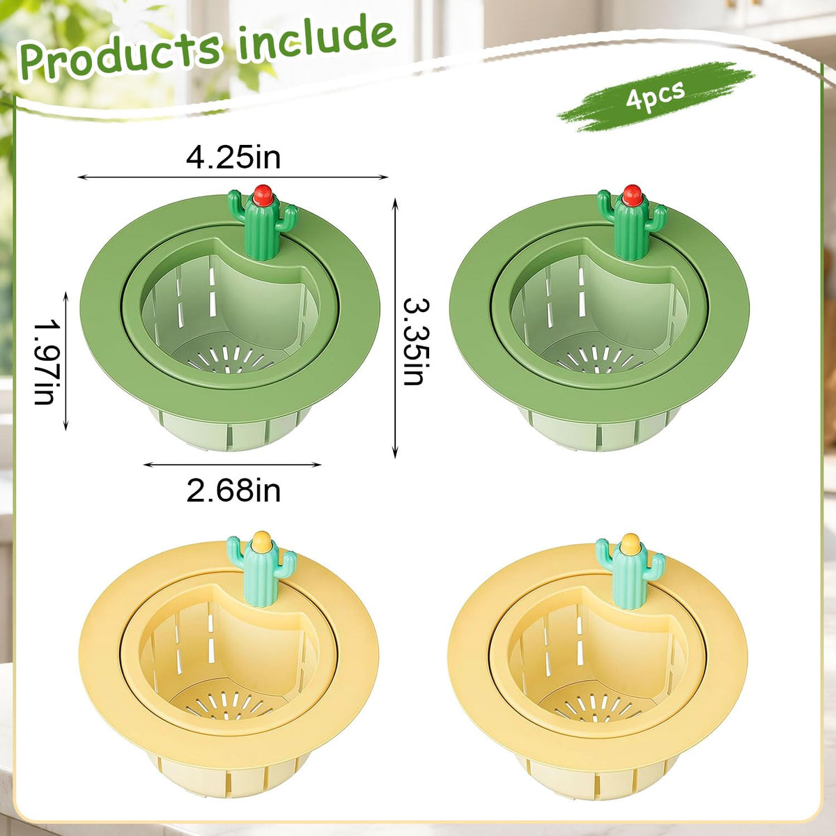 4Pcs Cactus Kitchen Sink Drain Strainer,2026 Upgrade Press to Dump Basket Waste Collector,Multifunctional Kitchen Sink Drain Strainer Fun Sink Accessory for Home Bathroom (Green+Yellow)