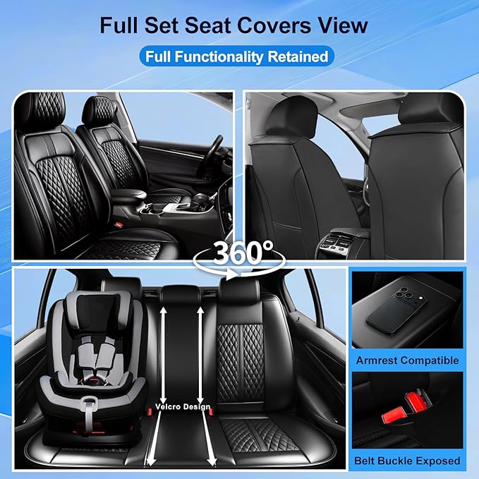 Fit Insight Car Seat Covers for Select Honda Insight 2010-2022, Premium Full Coverage Leather, Airbag Compatible & Scratch-Resistant, Waterproof & All Weather Seat Protector, Full Set, Black