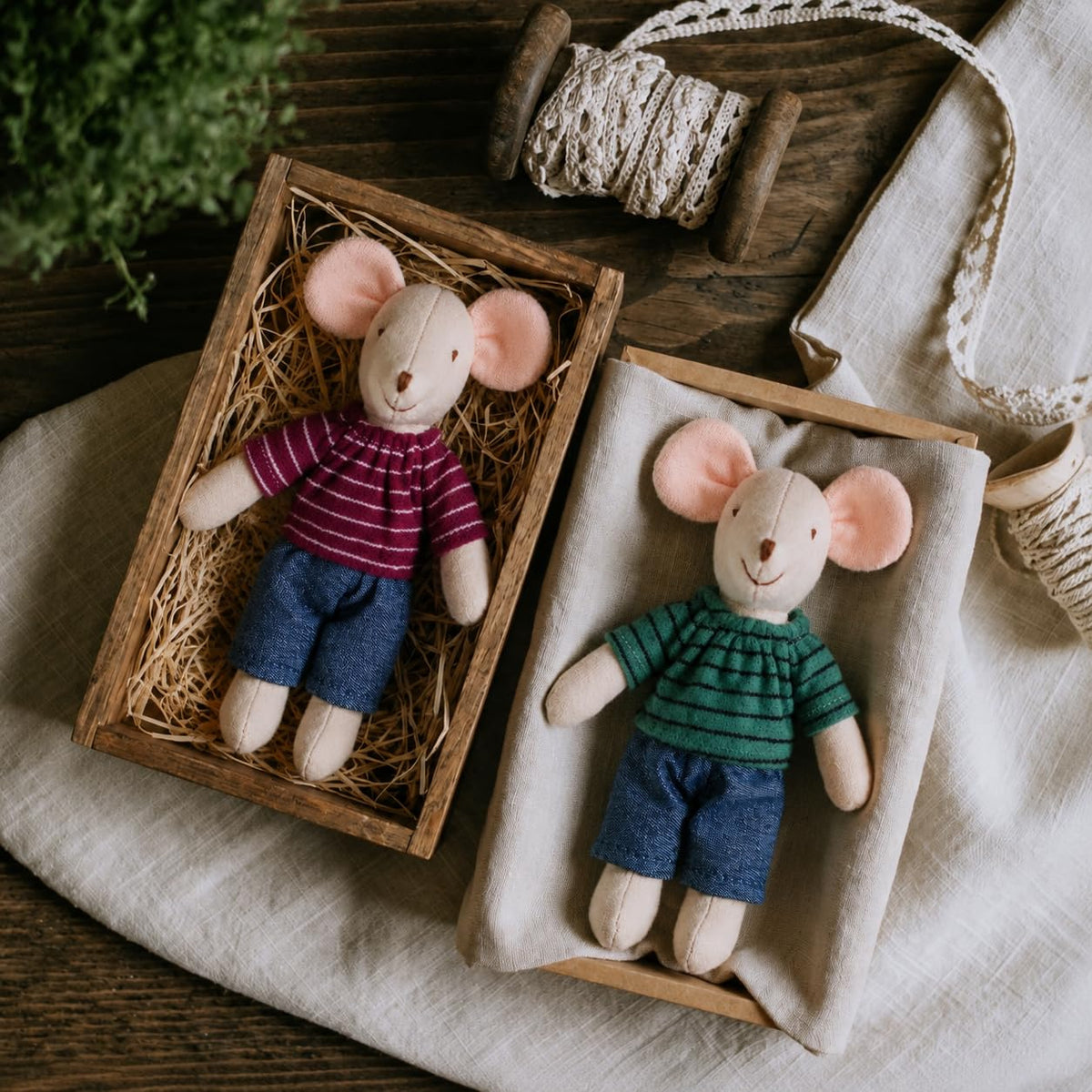 INS Nordic Home Mouse Stuffed Animal Plush Toy with Striped Shirt and Shorts 5.91inch (Green)