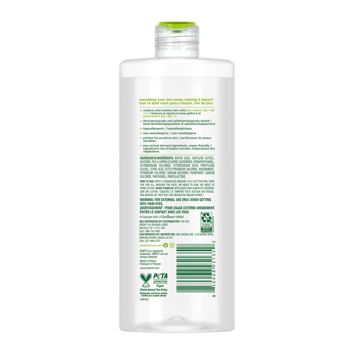 Simple Kind To Skin Micellar Water - Makeup Remover and Facial Cleanser - Face Cleanser with Pro-Vitamin B5, B3 and C - Vegan, No Perfumes - 6 pc