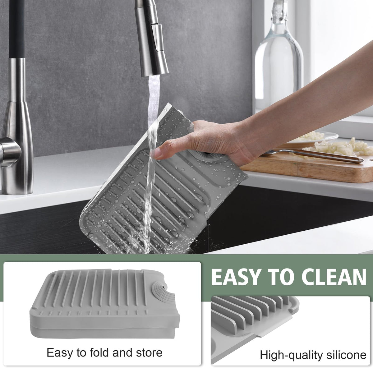 17.7-Inch Kitchen Sink Splash Guard Mat | 7° Slope for Fast Self-Draining | Snap-Lock Design | Universal & Cuttable Silicone Faucet Mat Gray