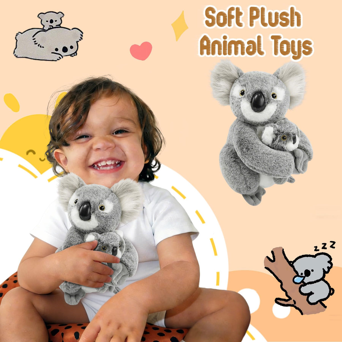 JUSTQUNSEEN 2PCS Koala Stuffed Animal with Baby Hugging Koala Bear Plush Toy 10 Inch Cute Soft Mom and Baby Plushies for Girls Girlfriend Women Valentines Day Gifts Kawaii Room Decor Love Present