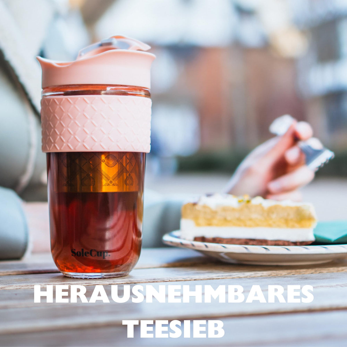 SoleCup. Large Travel Mug Loose Tea Infuser - Detachable Tea Strainer with Spill Proof Lid - 18oz/530ml BPA-Free Reusable Glass Travel Coffee Cup with Silicone Band (Ice Cream, 18oz)