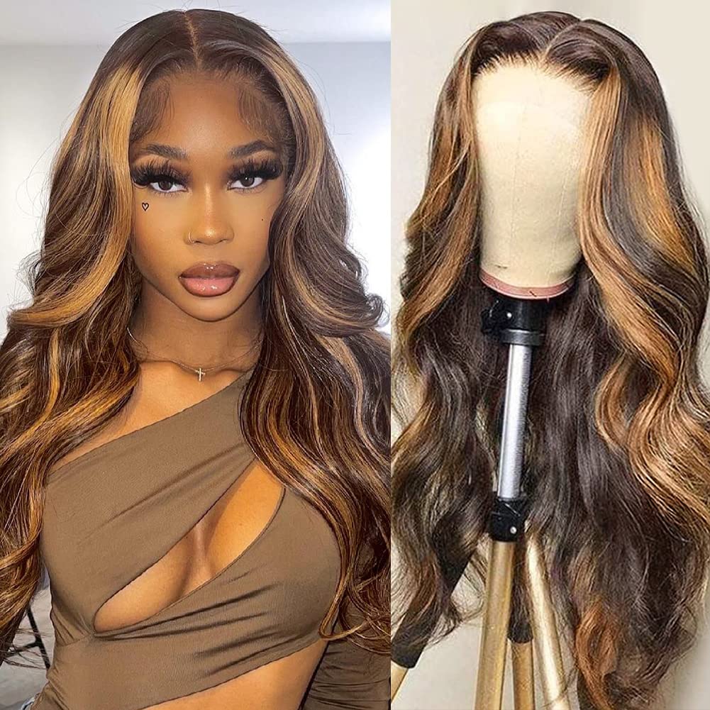 Hedy Ombre Highlight Lace Front Wigs Human Hair Body Wave Wigs For Black Women Pre Plucked With Baby Hair #4/27 Glueless 150% De