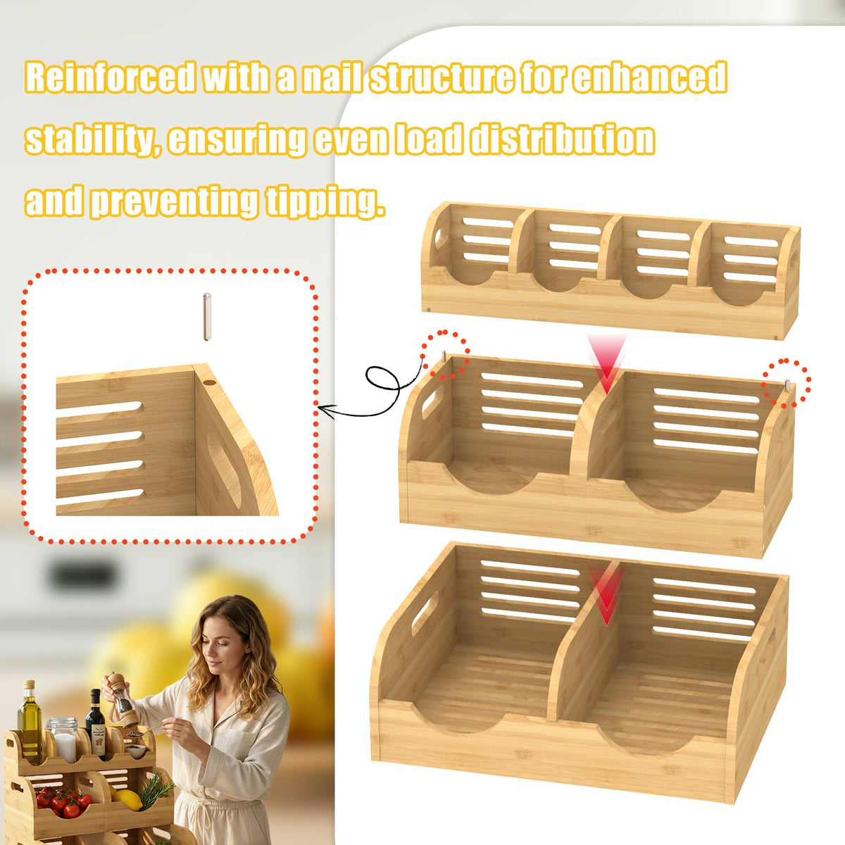 WHEEXIAG Potato and Onion Storage Bin, Made of bamboo, With 2 banana hooks