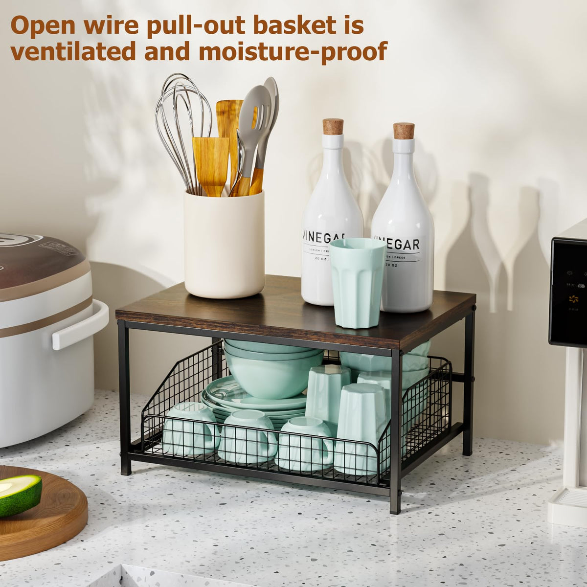 KLM Pull Out Spice Rack Organizer for Cabinet,Rustic Wood Top with Wire Basket Storage,Kitchen Countertop Organizer and Storage for Pantry, Counter top,Coffee Station Wood. (Brown)