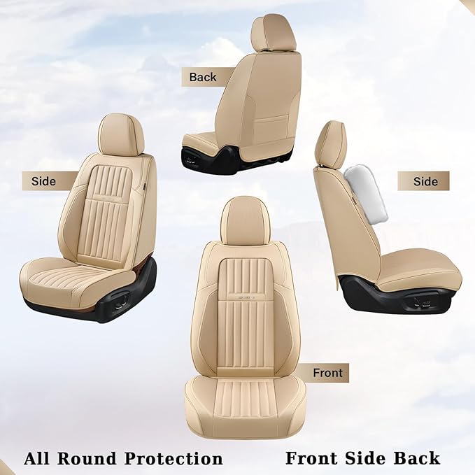 Coverado Front and Back Seat Covers for Cars, Nappa Leather Car Seat Covers, Automotive Seat Covers for Trucks, 5 Seats Waterproof Carseat Protector Car Seat Cover Beige, Universal Fit for Most Cars
