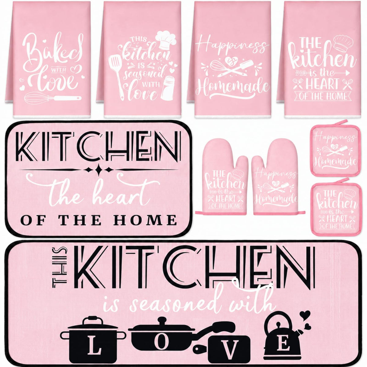 Sratte 10 Pcs Kitchen Decor Accessories Set 4 Kitchen Dish Towels 2 Pot Holders 2 Oven Mitts 2 Rugs for Cooking Baking BBQ Housewarming Gifts(Pink,Abstract)