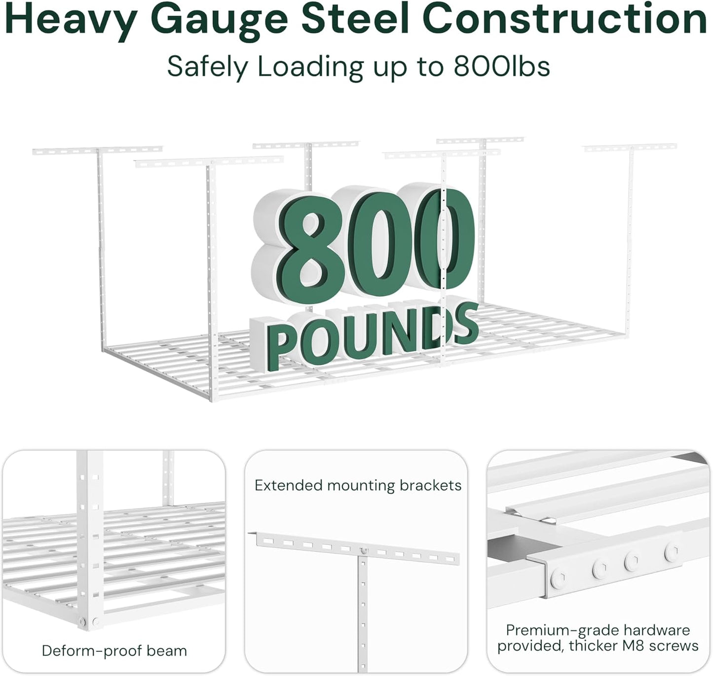 SunsGrove 2x8 Garage Storage Overhead Rack Organization, Adjustable Ceiling Mounted Storage Racks, 800LBS Weight Capacity, 22"-40" Ceiling Dropdown, White