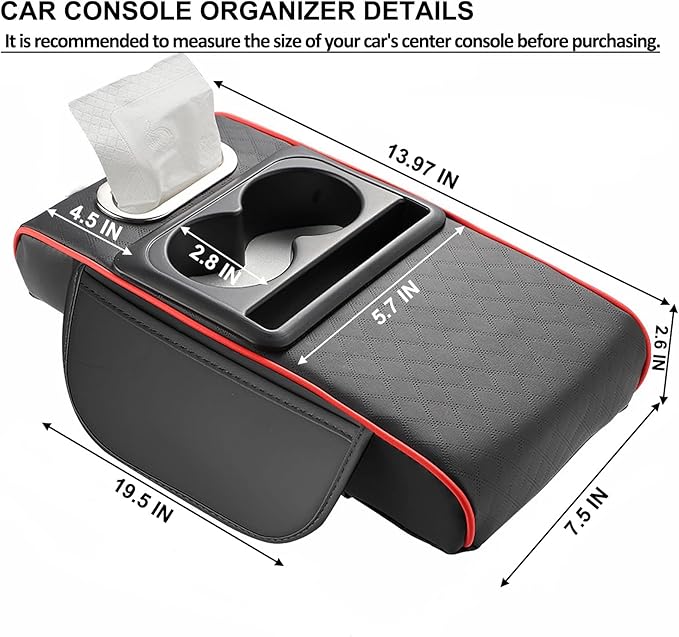 Center Console Cover,Car Armrest Cushion Multifunctional with 2 Storage Bags Cup Holder,Phone Slot,Tissue Box Slot for Most Cars Accessories Interior Organizers-Black+Red 13.8x7.9 in