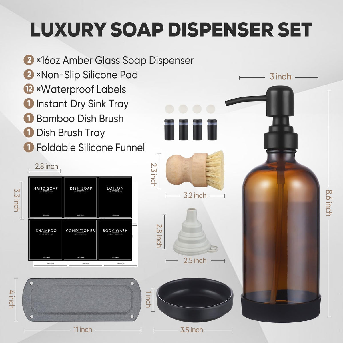 NEECZS Kitchen Soap Dispenser Set with Instant Dry Tray,16 Oz Hand and Dish Soap Amber Glass Dispenser Set,Stainless Steel Pump,Waterproof Labels&Dish Brush,Luxury Soap Bottle for Kitchen,Bathroom