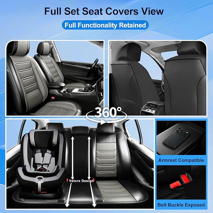 Car Seat Covers for Select Honda Fit 2007-2020, Premium Full Coverage Leather, Airbag Compatible& Scratch-Resistant, Waterproof & All Weather Breathable Seat Protector, Front Pair Black+Gray