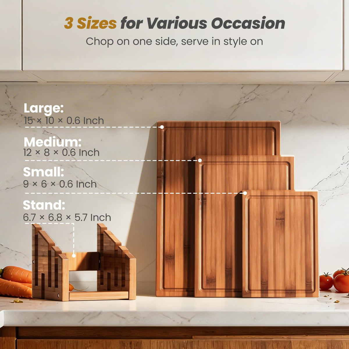 Maxboro Bamboo Cutting Board for Kitchen, Double-Sided with Stand, Brown