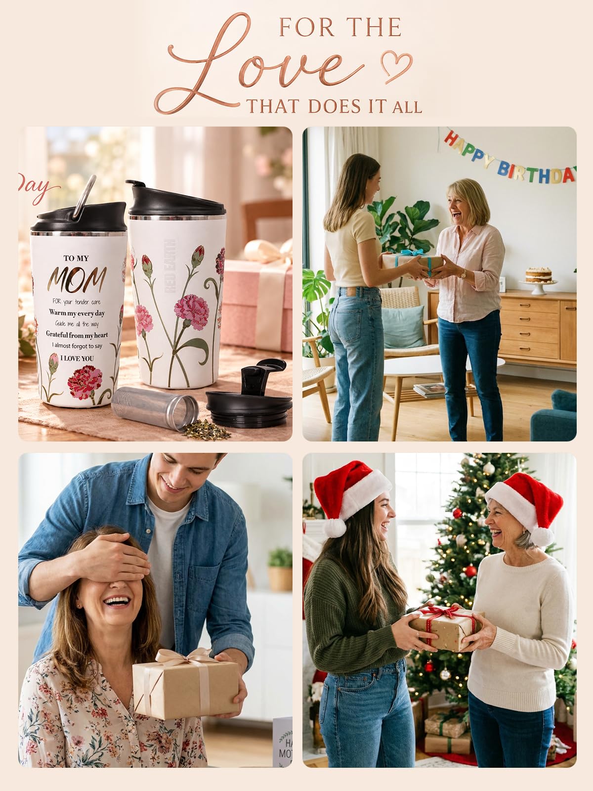 GiNT Mom Birthday Gift, 17oz Travel Tea Mug with Infuser, 2 Lids, 316L Stainless Steel Insulated Loose Leaf Tea Cup with Strainer, Leak-Resistant To-Go Mugs for Hot & Cold Brew Coffee(Raised Gold Foil
