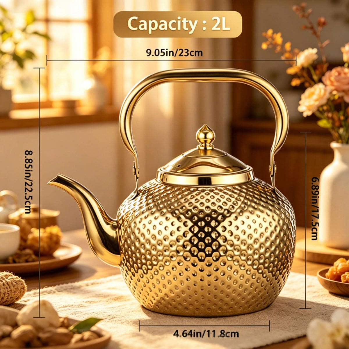 2L/67.6oz Gold Tea Kettle, Hammered Stovetop Teapot with Removable Fine Mesh Infuser, Stainless Steel Rust-proof Vintage Water Boiler for Induction/Gas, Home Office Camping Gift