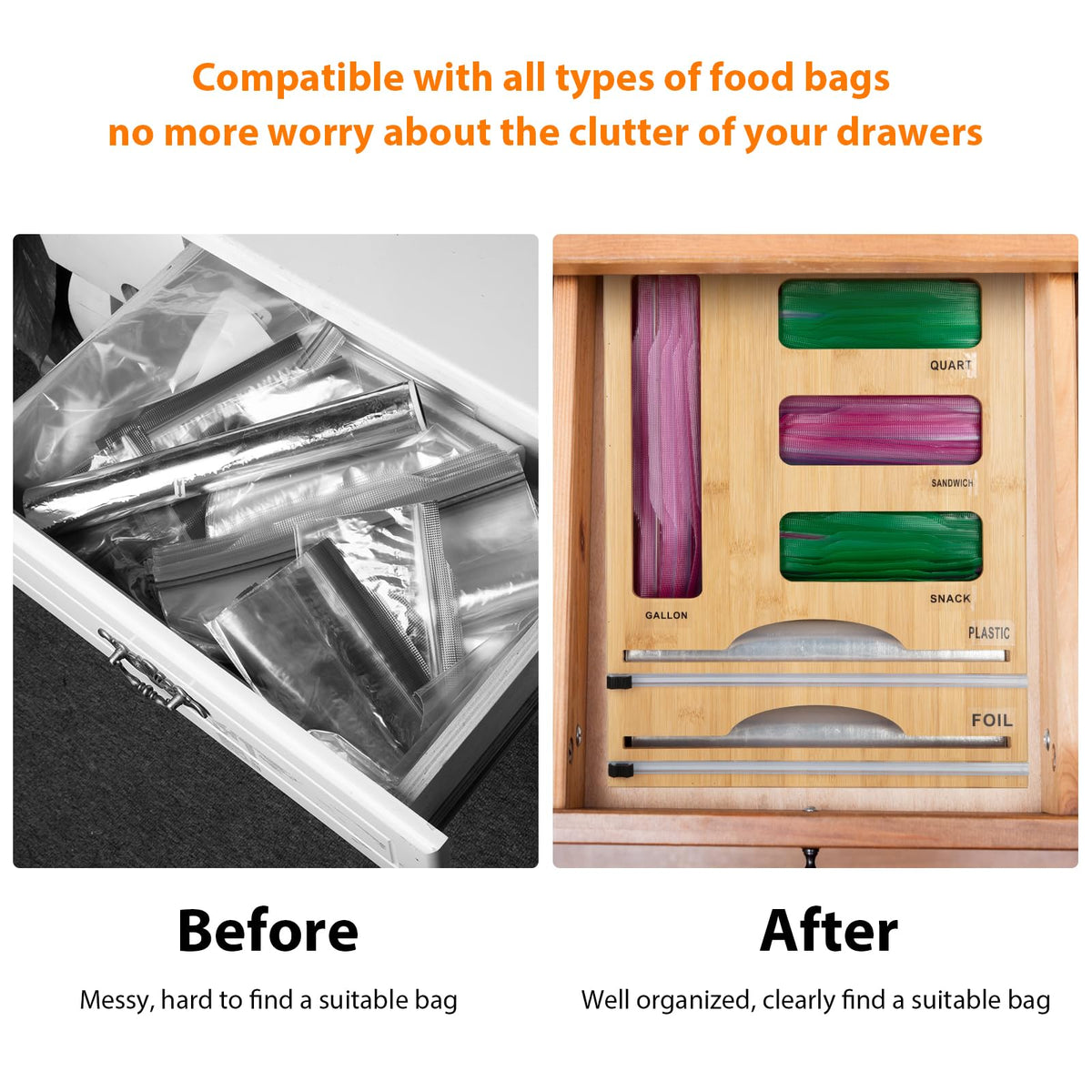 Storage Bag Organizer with Foil and Plastic Wrap Organizer , Aluminum Foil Dispenser with Cutter, Bamboo 6 in 1 Baggie Organizer Suitable for Gallon, Quart, Sandwich, Snack